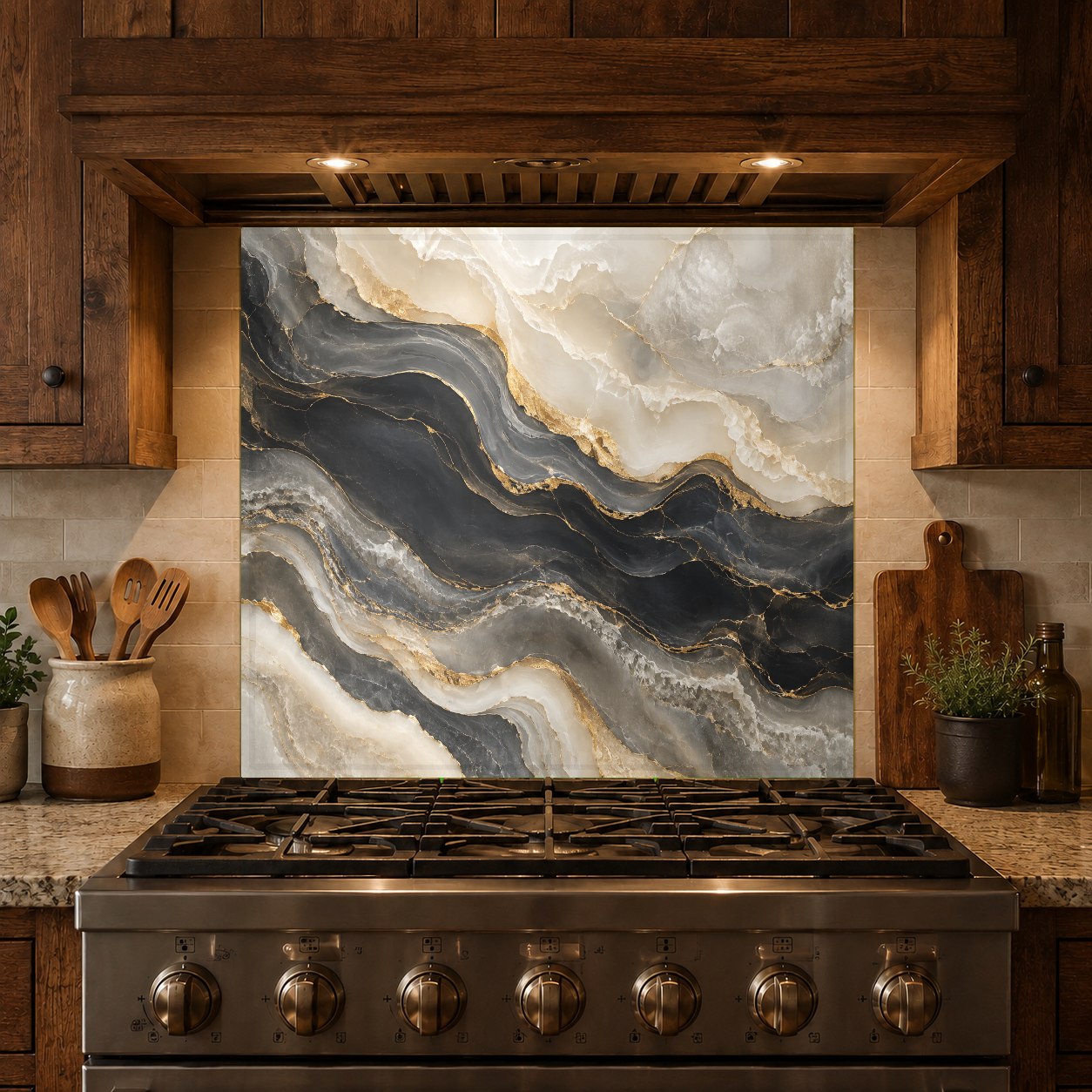 Close-up of golden onyx mineral pattern on a heat-resistant glass backsplash