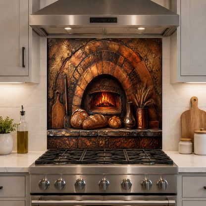 Earthy kitchen decor featuring a vintage oven themed glass backsplash behind a sleek induction stove.