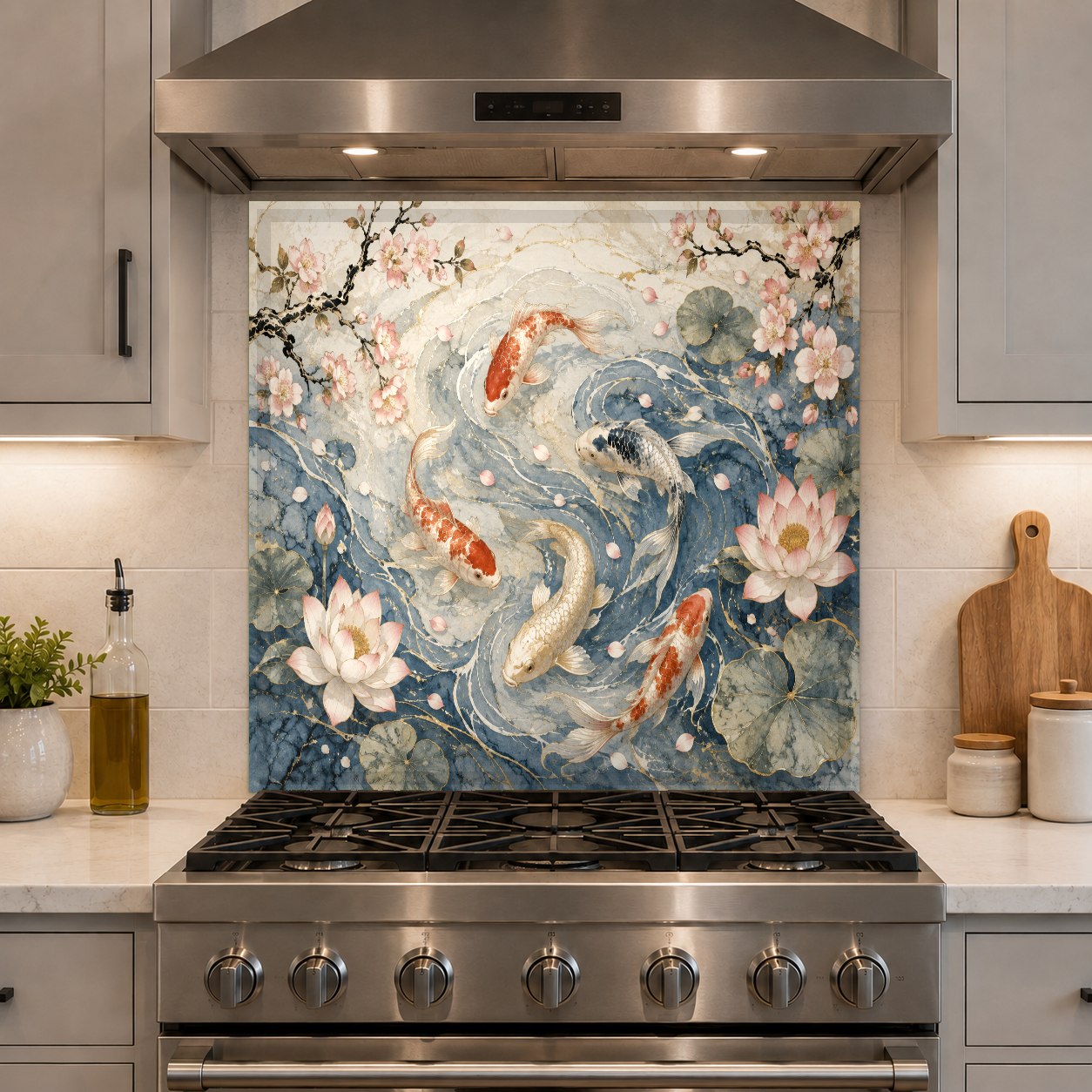 Side angle view of high-gloss glass backsplash panel protecting kitchen wall