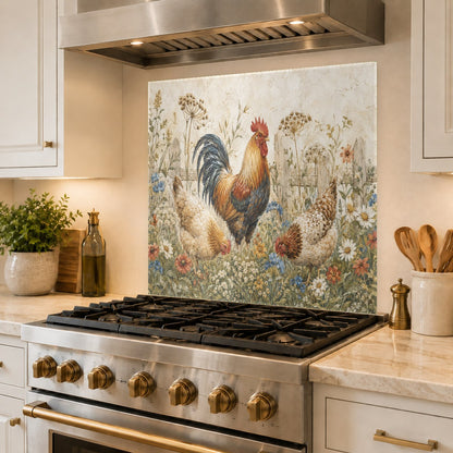 Rustic rooster themed glass backsplash protecting the wall behind a kitchen sink from splashes.