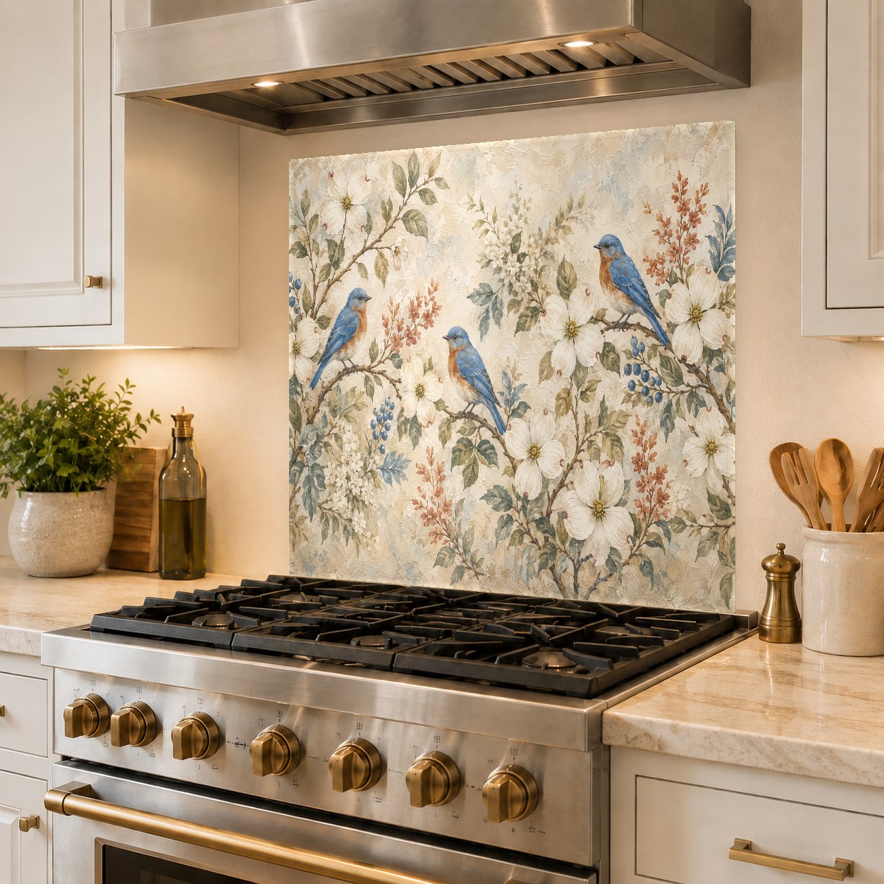 Hygienic and easy-to-clean glass backsplash with a bird motif mounted behind a stainless steel kitchen sink.