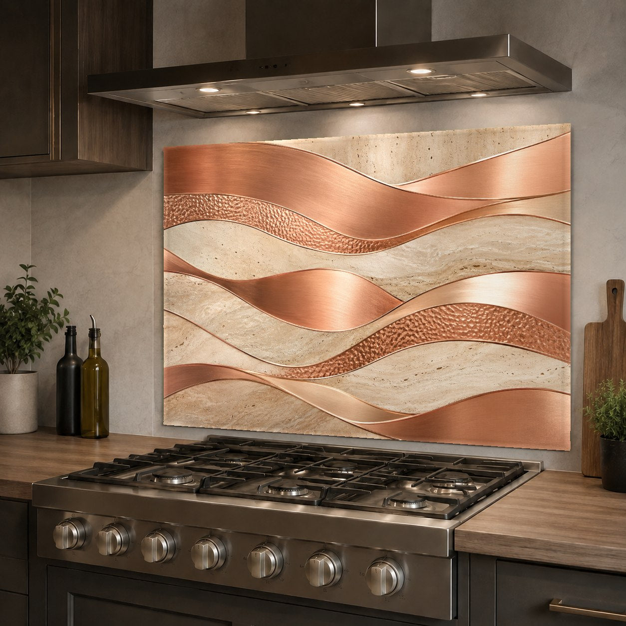 Fluid copper art glass backsplash featured on a kitchen island feature wall