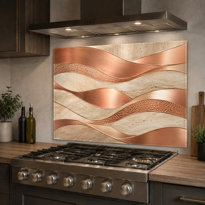 Fluid copper art glass backsplash featured on a kitchen island feature wall