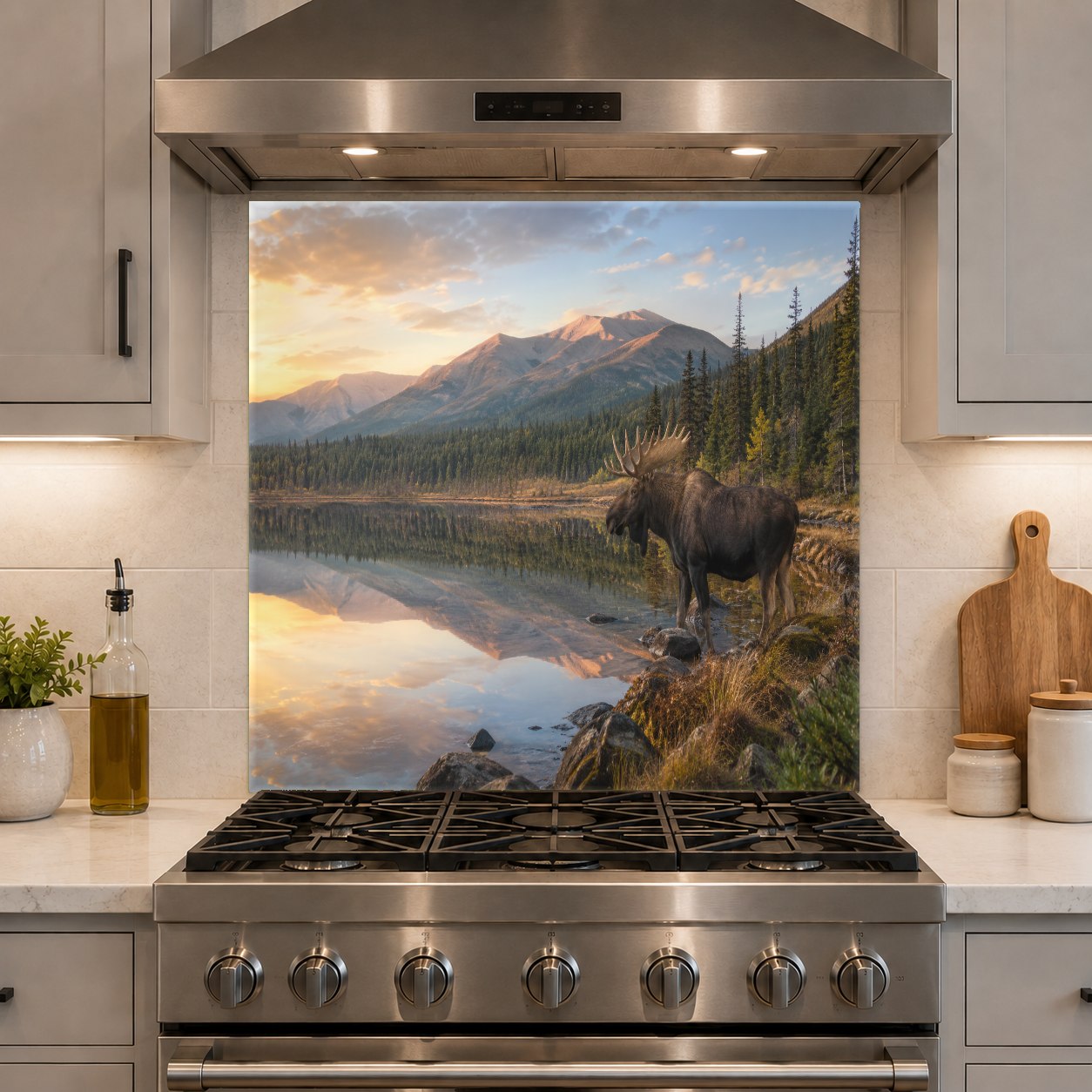 Cozy home bar area accented by a durable, heat-resistant Lake Elk glass kitchen backsplash.