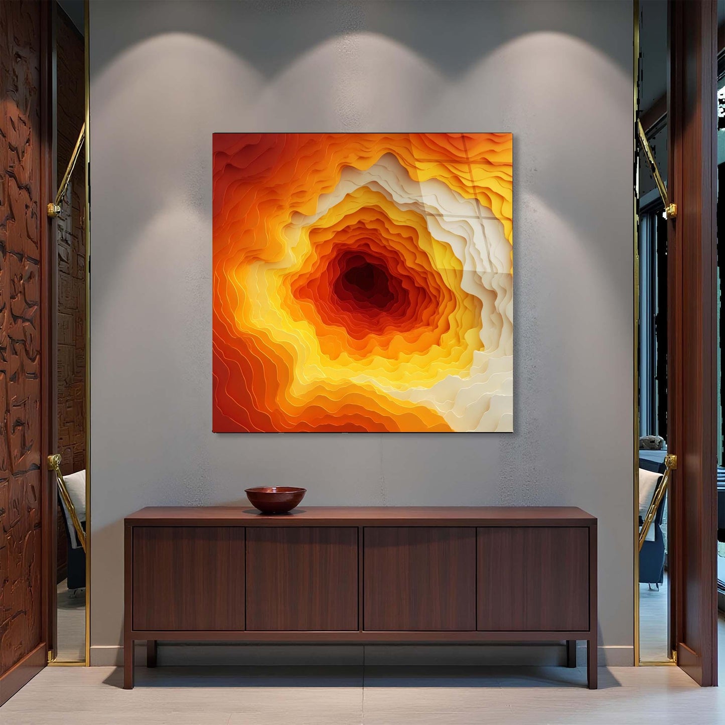 Abstract art piece on a wall above a wooden cabinet