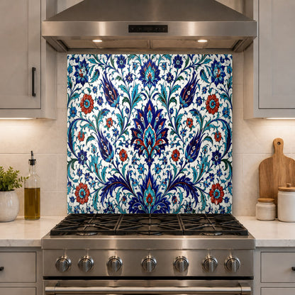 High-gloss glass kitchen backsplash panel with a traditional Turkish design installed over a clean countertop.