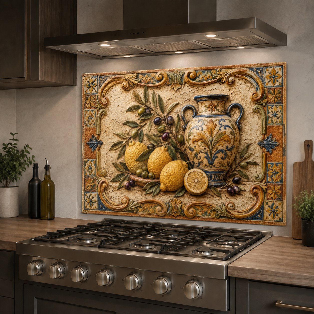 Bright Mediterranean lemon glass backsplash panel reflecting light in a luxury kitchen
