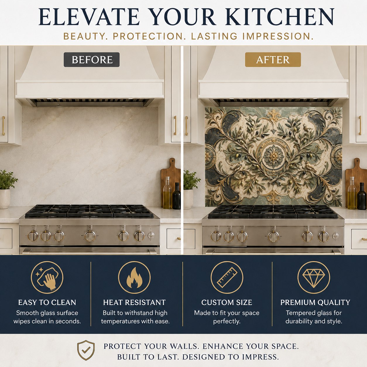 Stunning olive tree motif glass backsplash panel protecting the wall behind a kitchen sink from water splashes.