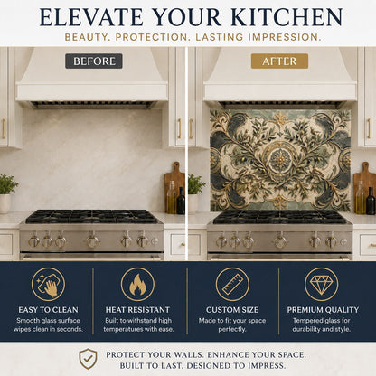 Stunning olive tree motif glass backsplash panel protecting the wall behind a kitchen sink from water splashes.