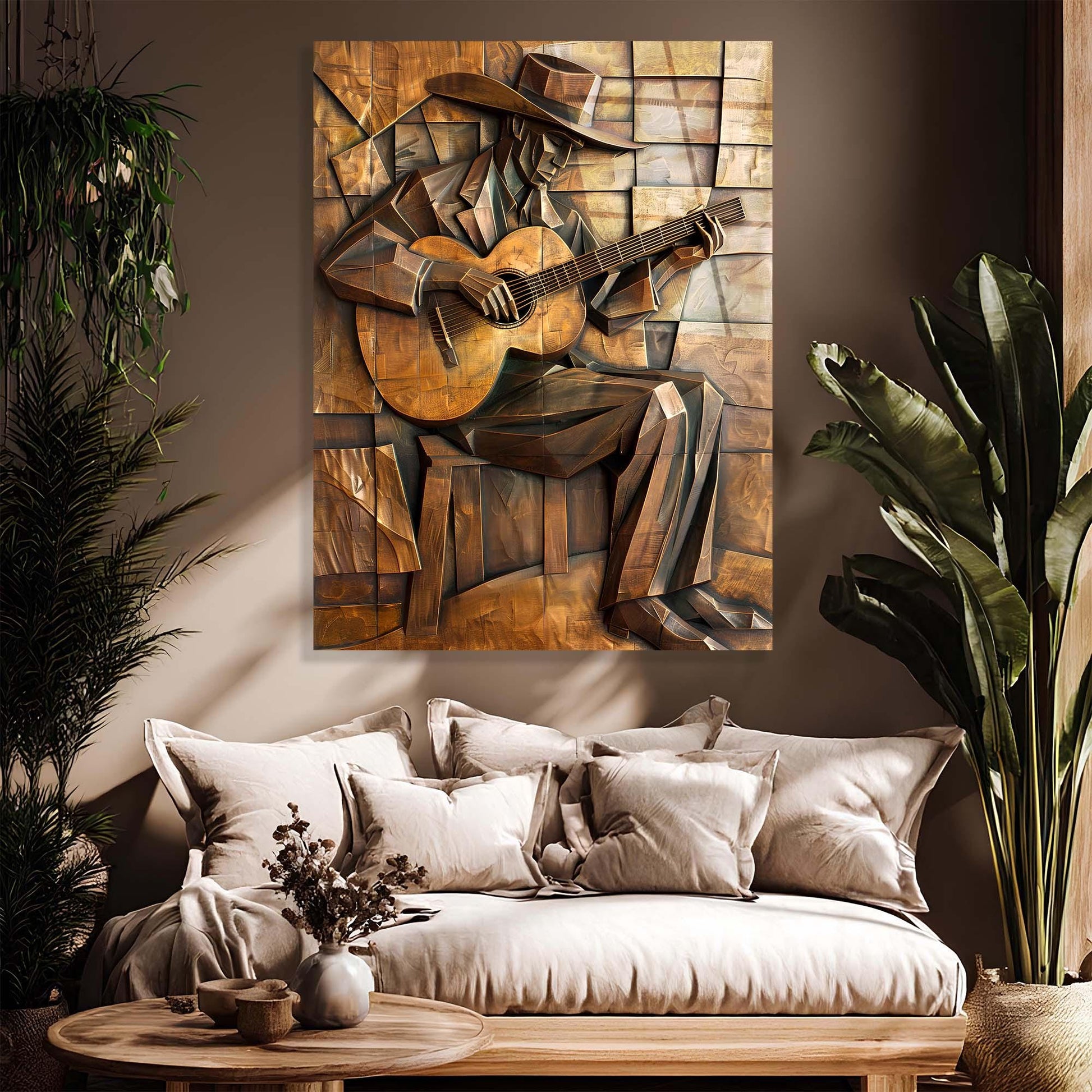 Abstract artwork of a figure playing guitar on a wall above a sofa with decorative pillows.