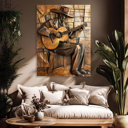 Abstract artwork of a figure playing guitar on a wall above a sofa with decorative pillows.