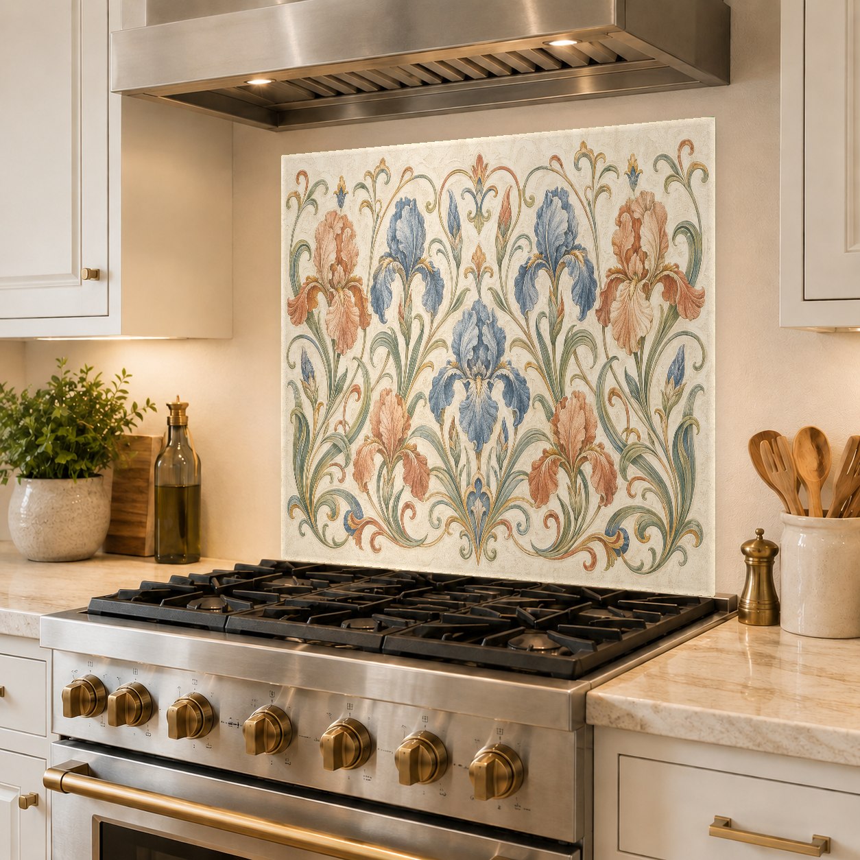 Custom-fit floral beige glass backsplash panel installed on a kitchen island sink wall.