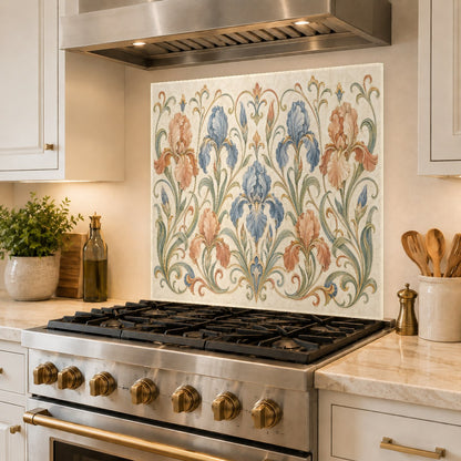 Custom-fit floral beige glass backsplash panel installed on a kitchen island sink wall.