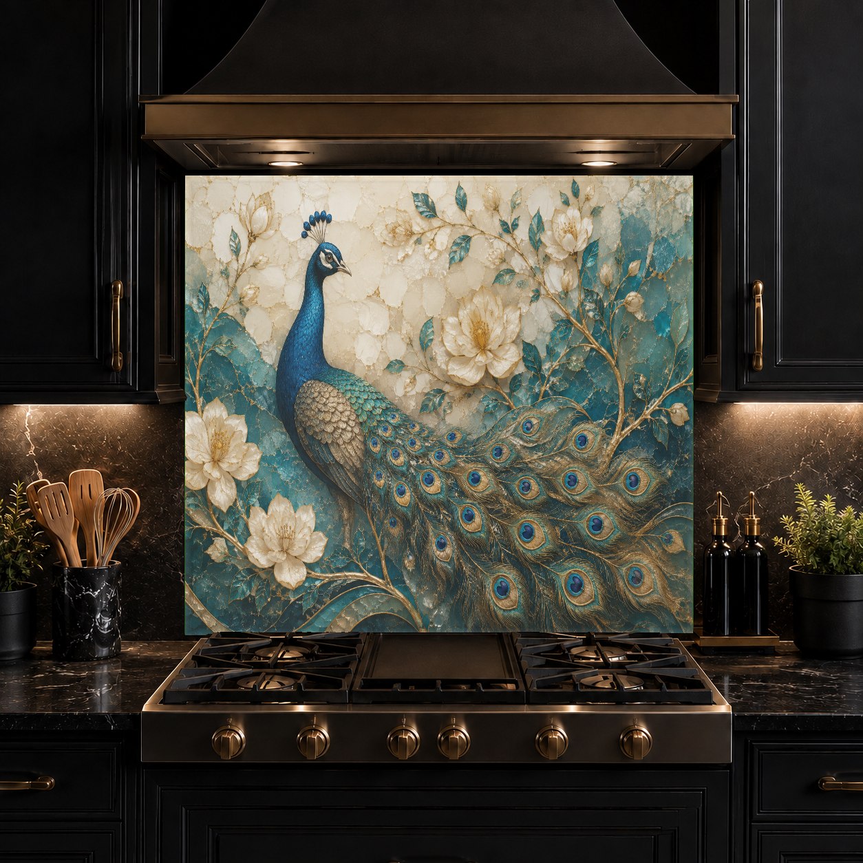 High-gloss glass kitchen backsplash with peacock design installed behind a sleek induction cooktop.