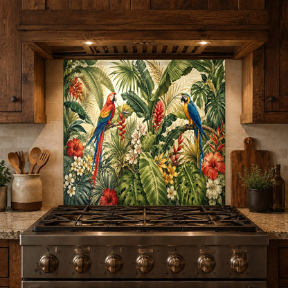 Easy-to-clean glass backsplash panel with tropical wildlife in a modern kitchen