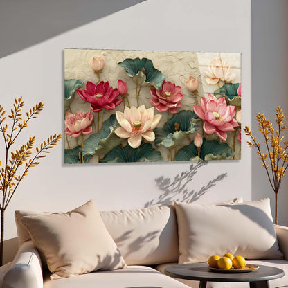 Decorative wall art of pink and white lotus flowers on a light gray wall above a beige sofa.