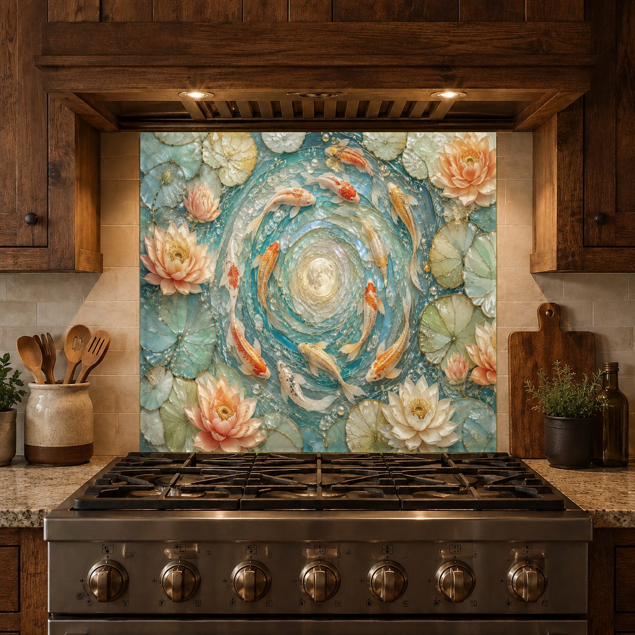 Modern kitchen design with a custom-fit golden koi glass stove guard and seamless tile transition.
