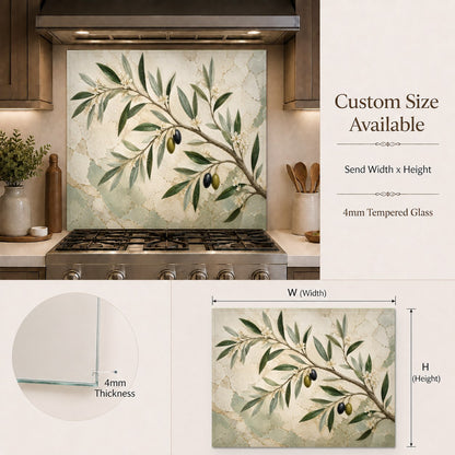 Modern organic kitchen with a botanical olive branch glass backsplash behind the stove and custom countertops.