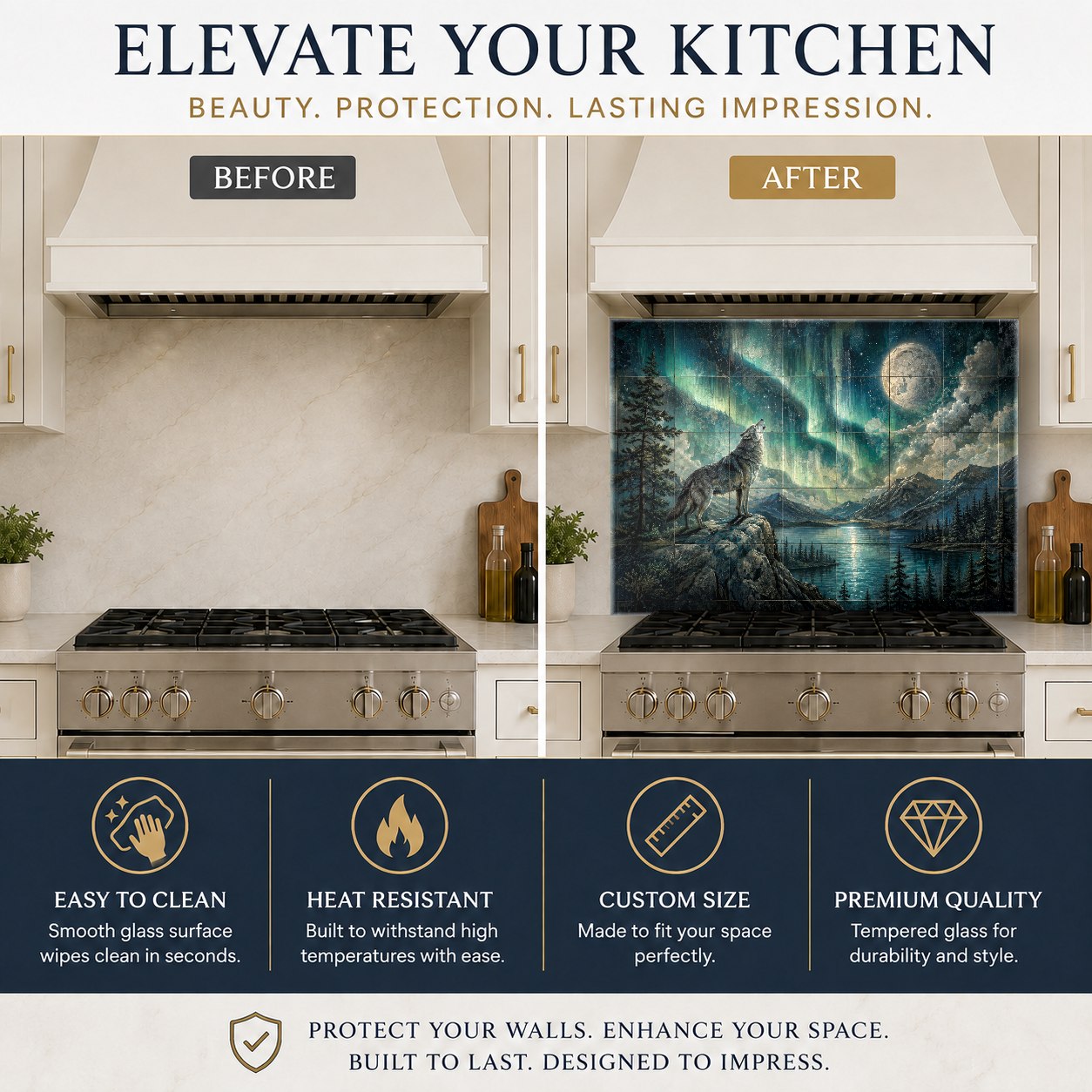 Tempered glass kitchen backsplash featuring northern lights and wolf behind a kitchen sink