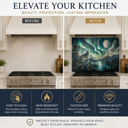 Tempered glass kitchen backsplash featuring northern lights and wolf behind a kitchen sink