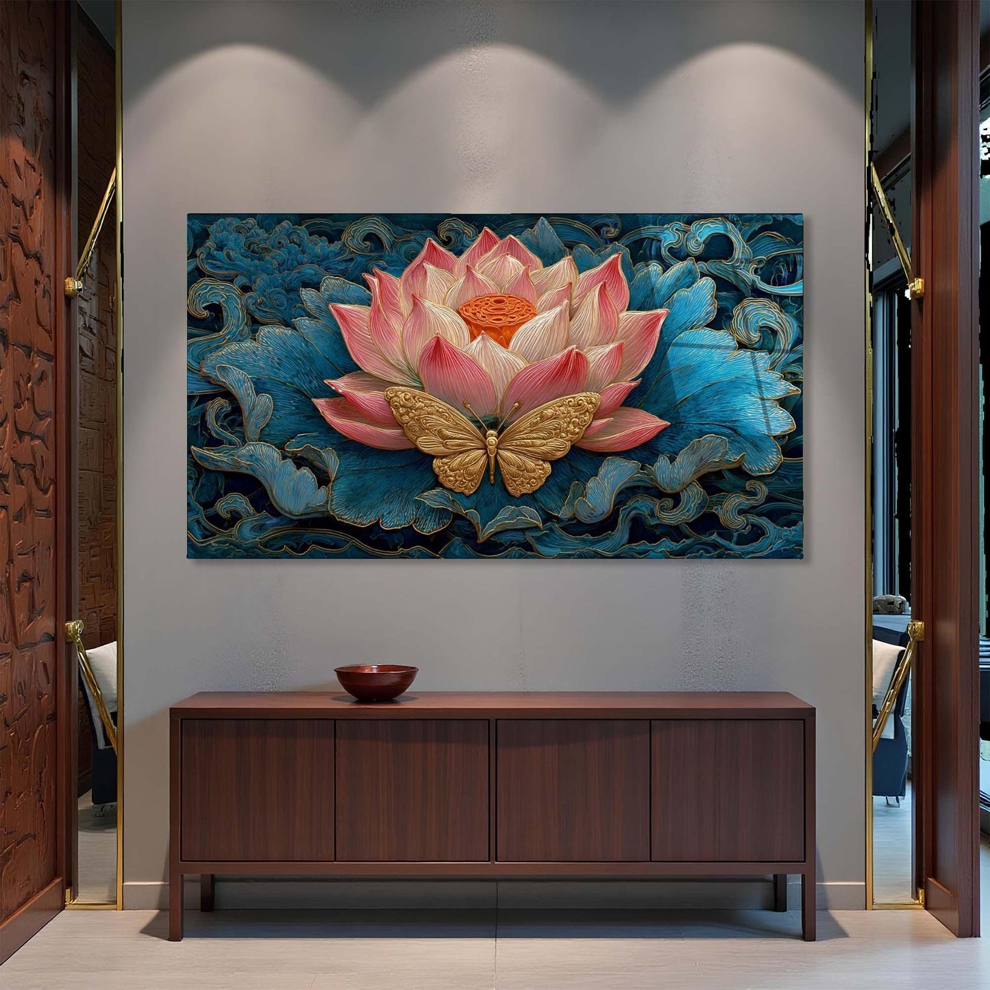 Decorative wall art of a pink flower and gold butterfly on a blue background, displayed above a wooden cabinet.