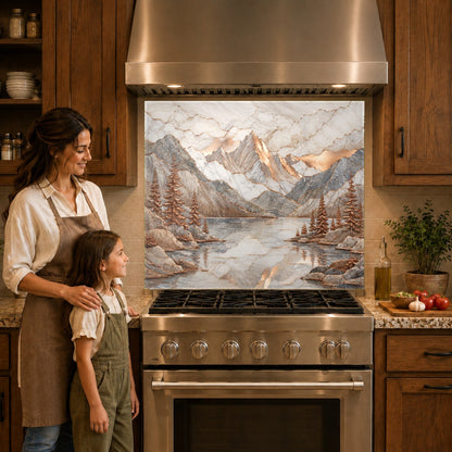 Close-up of a copper mountain lake glass backsplash panel behind a cooktop, showcasing vibrant metallic details.