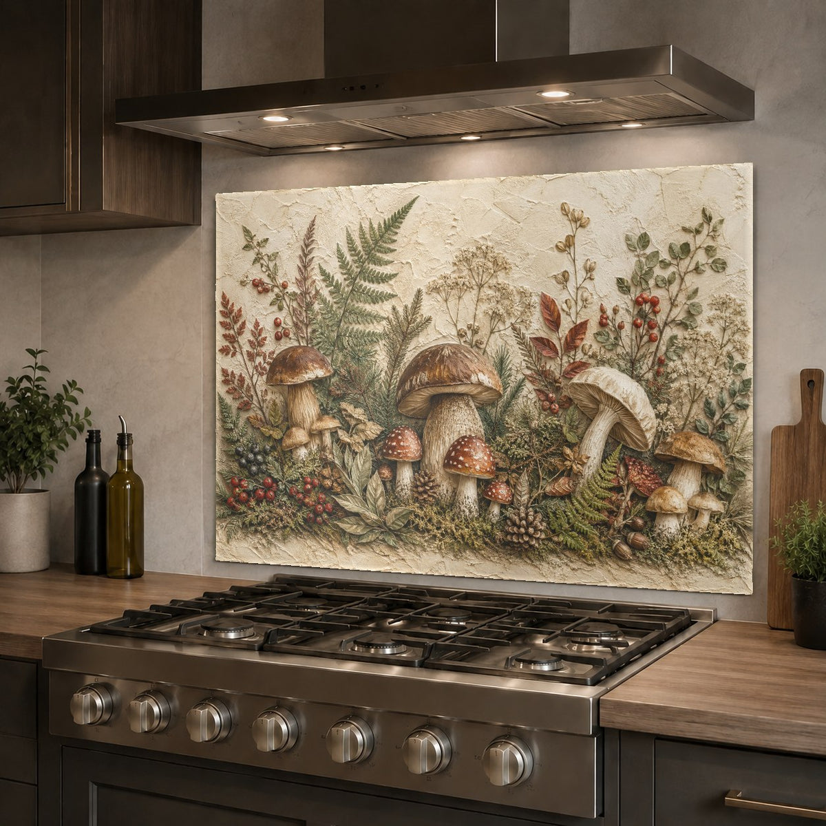 Botanical mushroom-themed glass backsplash panel mounted behind a farm sink with brass fixtures.