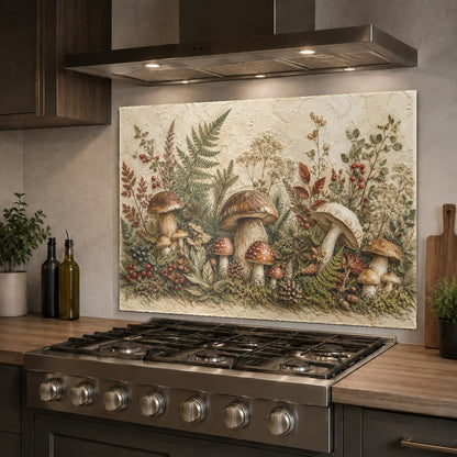 Botanical mushroom-themed glass backsplash panel mounted behind a farm sink with brass fixtures.