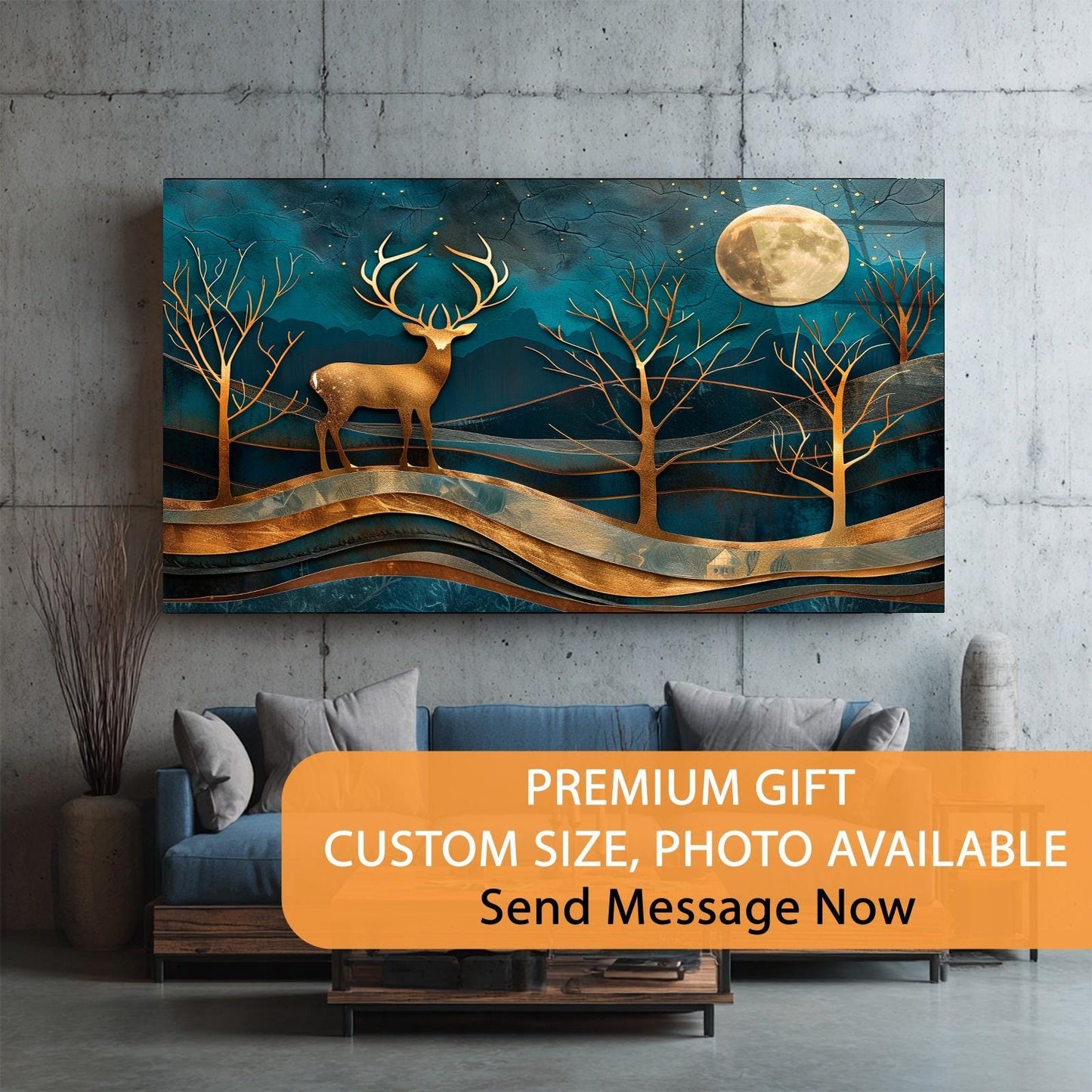 Decorative wall art with a deer and moon over trees in a living room setting.