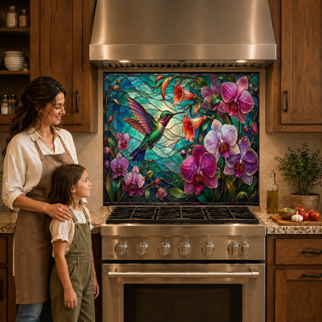Close-up of a floral glass backsplash featuring a hummingbird and orchids behind an induction cooktop.