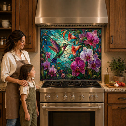 Close-up of a floral glass backsplash featuring a hummingbird and orchids behind an induction cooktop.