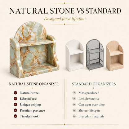 Promotional comparison graphic for a marble-style shelf organizer, showing one large natural stone version with green and gold veining, plus three smaller standard versions in white, gray, and light wood. Text compares the natural stone organizer to standard organizers and lists benefits.
