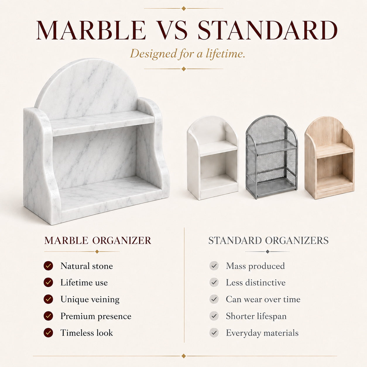 Carrara white marble organizer luxury bathroom vanity storage shelf