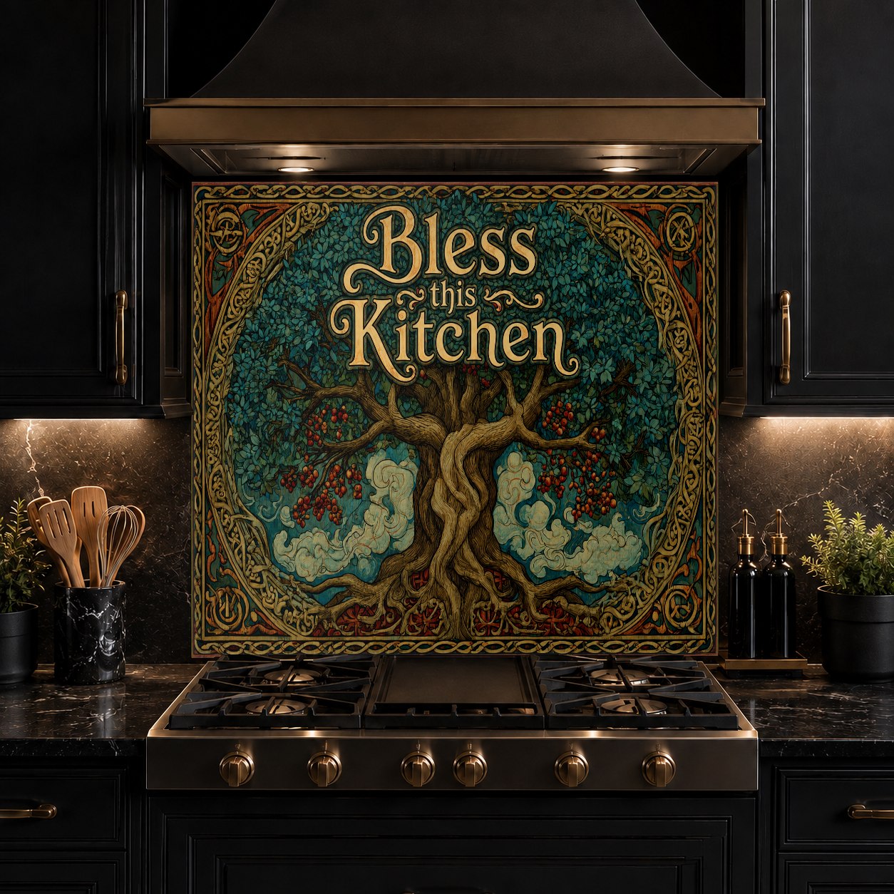 Tempered glass kitchen backsplash panel installed in a bright farmhouse style kitchen