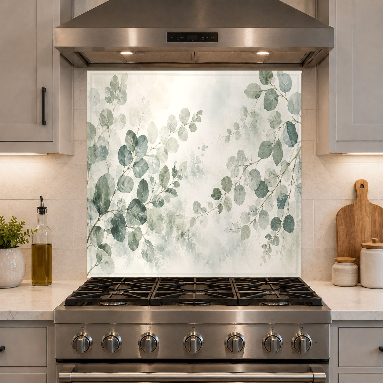 Heat-resistant glass backsplash with eucalyptus print installed behind a stove in a bright contemporary kitchen.