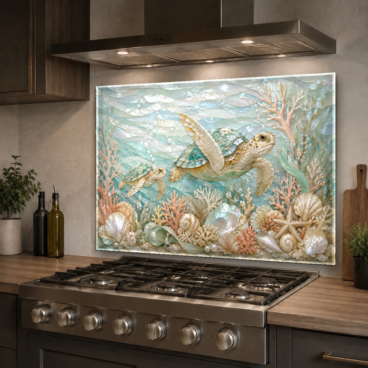Heat resistant glass backsplash with turtle design behind range
