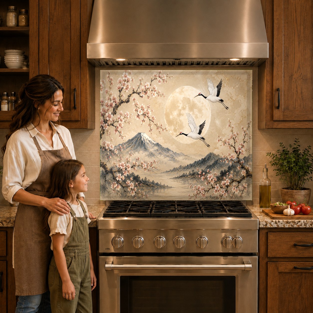 A scenic Japanese crane backsplash panel protecting the wall behind a sleek induction cooktop.