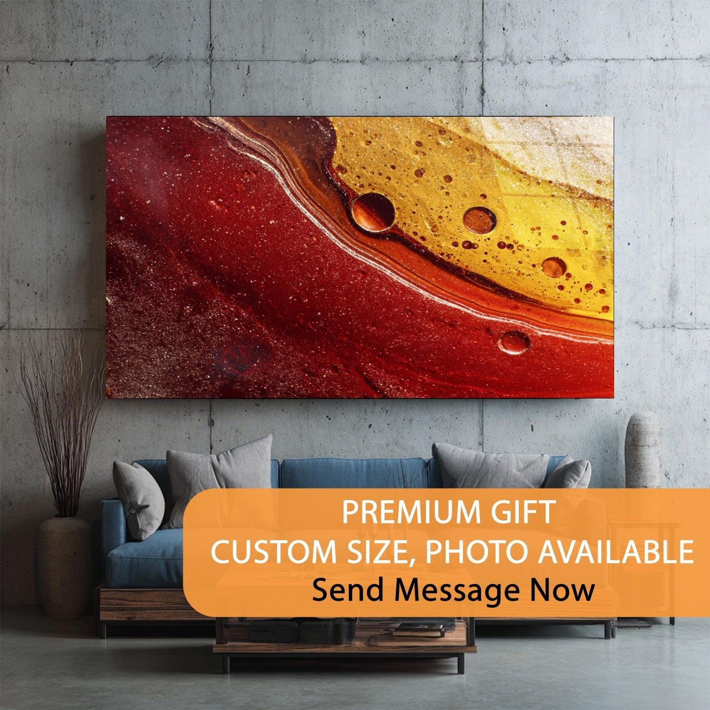 Abstract art painting on a wall above a sofa with promotional text overlay.