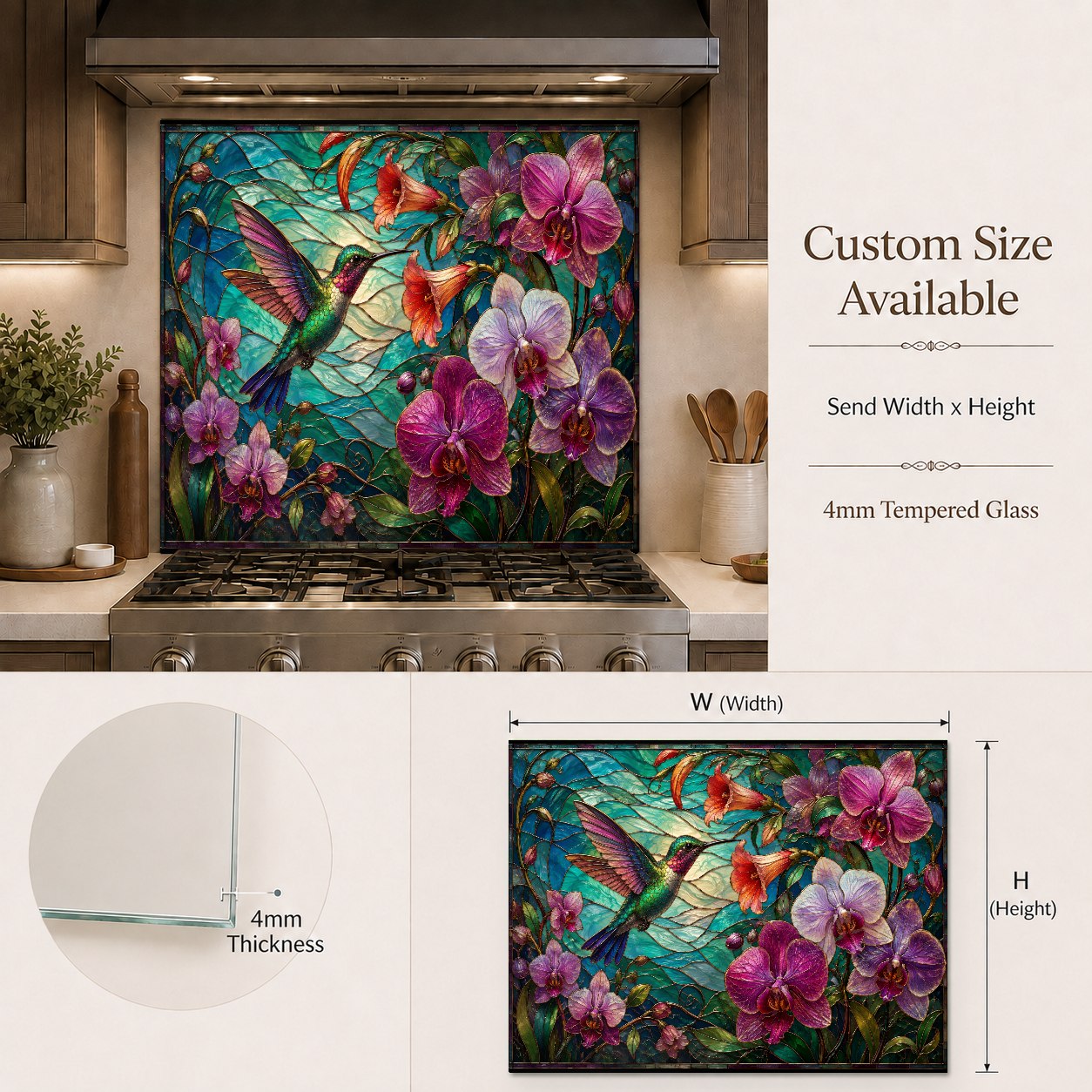 Luxurious kitchen bar area featuring an Orchid Hummingbird glass backsplash panel with warm ambient lighting.