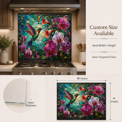 Luxurious kitchen bar area featuring an Orchid Hummingbird glass backsplash panel with warm ambient lighting.