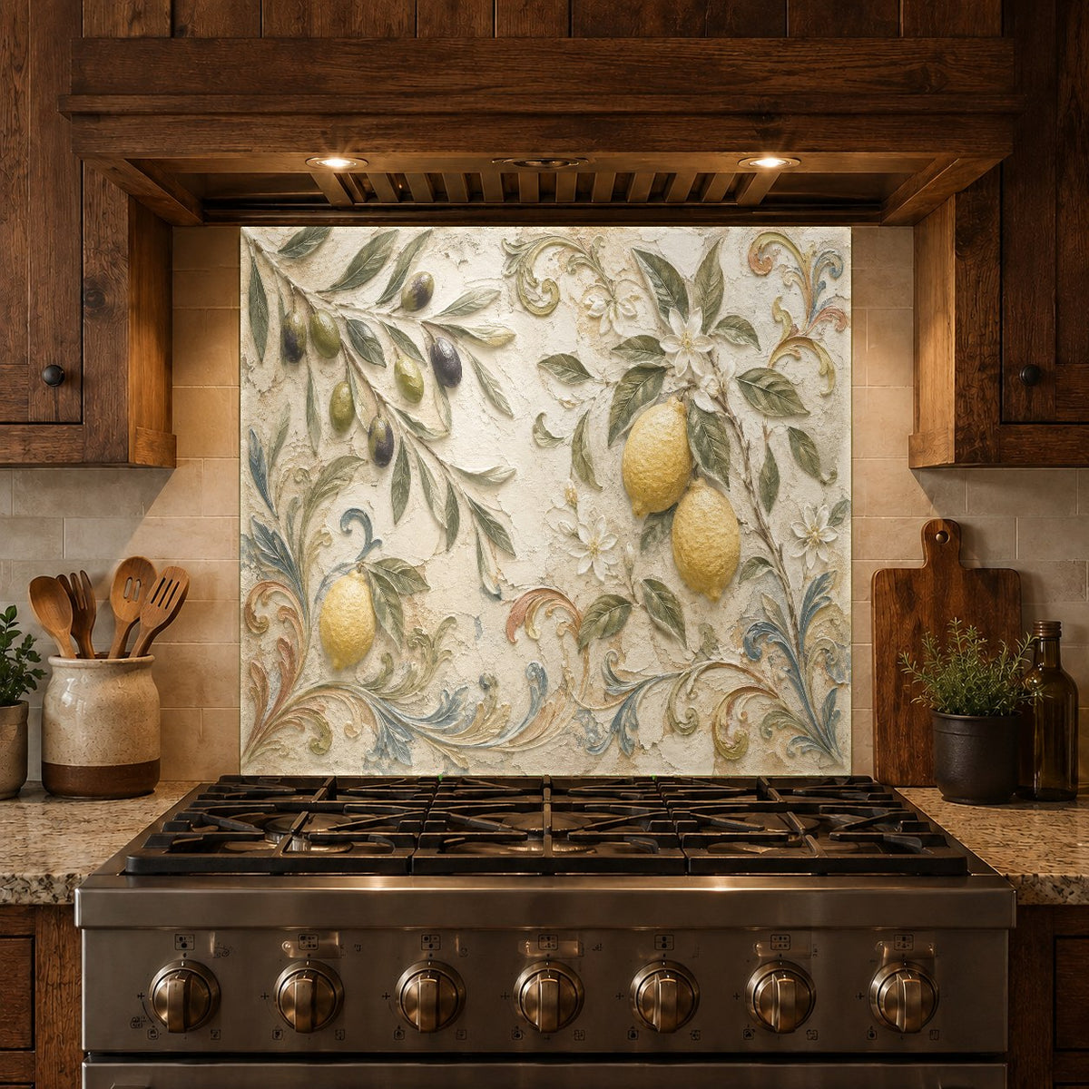 Durable and hygienic tempered glass kitchen backsplash with olive branch and lemon accents behind a cooktop.