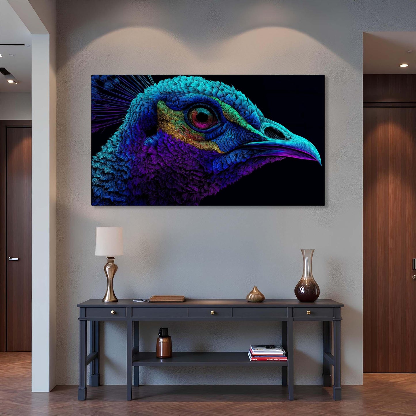 Colorful peacock head painting on a wall above a dark wooden console table.