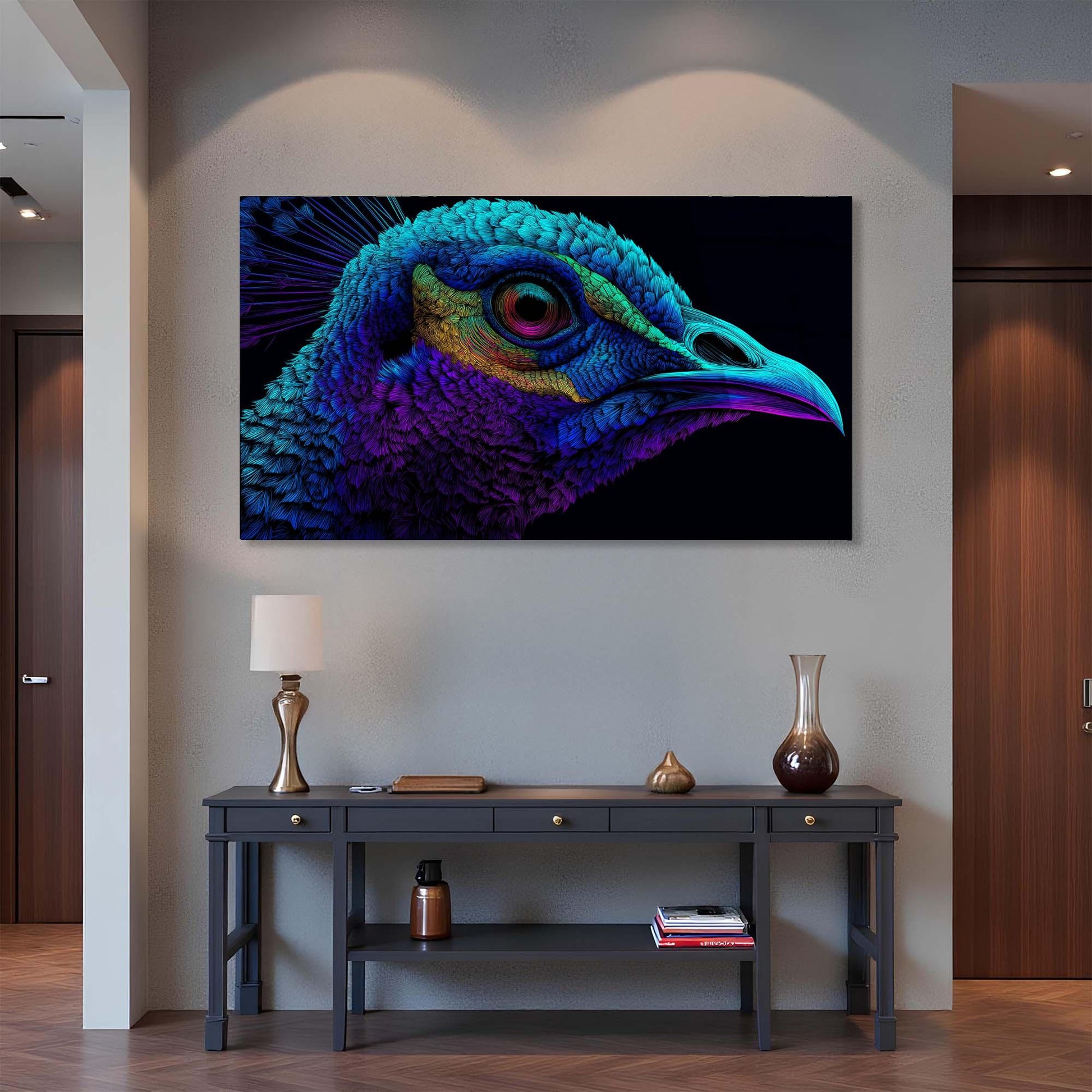 Colorful peacock head painting on a wall above a dark wooden console table.