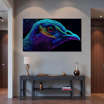 Colorful peacock head painting on a wall above a dark wooden console table.