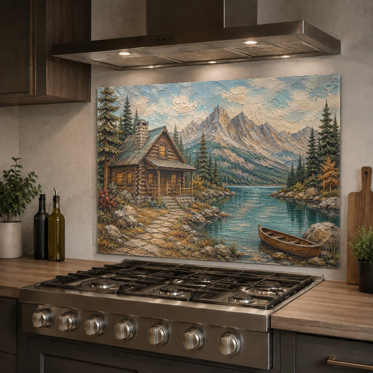 Hygienic and easy-to-clean lake cabin glass backsplash mounted on the wall behind a deep farmhouse sink.
