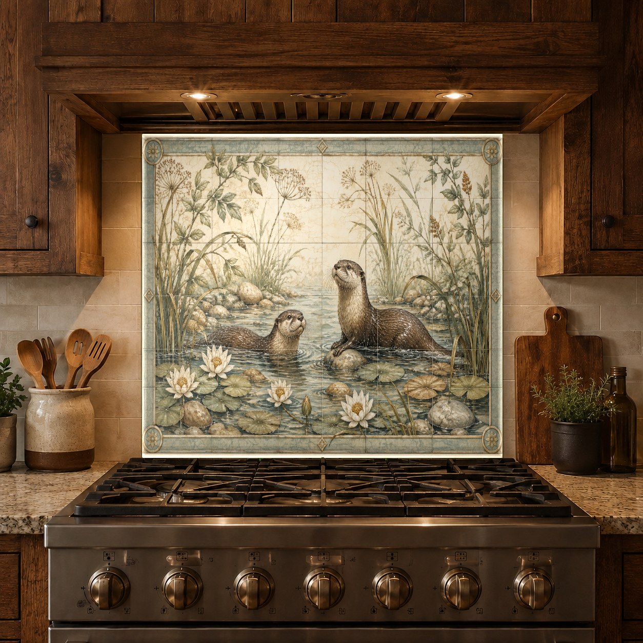 Custom-sized wild life glass backsplash panel protecting the wall behind a high-end kitchen cooktop.