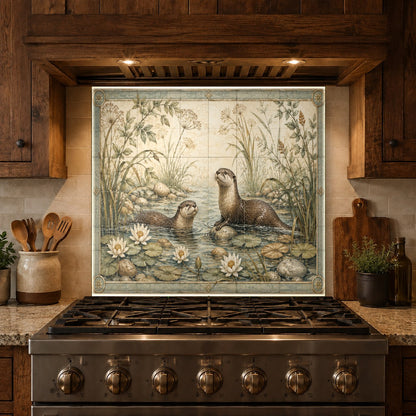 Custom-sized wild life glass backsplash panel protecting the wall behind a high-end kitchen cooktop.