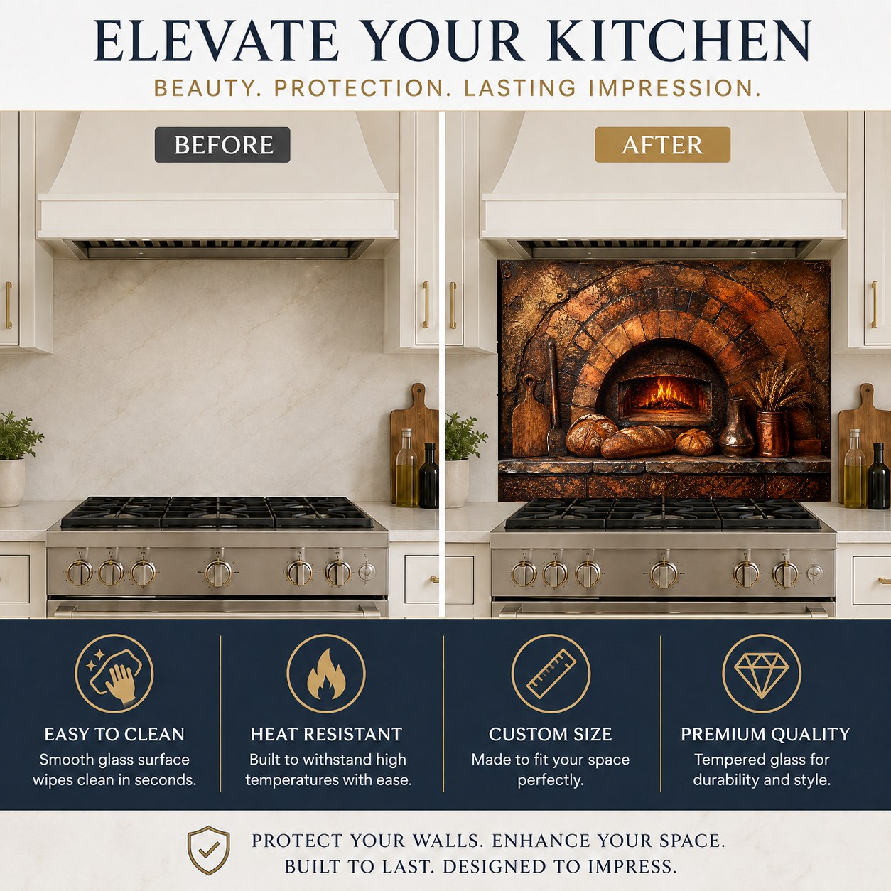 Farmhouse kitchen island cooktop protected by a rustic brick and oven themed tempered glass panel.