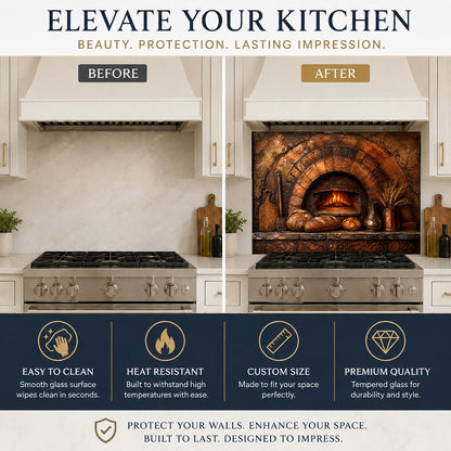 Farmhouse kitchen island cooktop protected by a rustic brick and oven themed tempered glass panel.