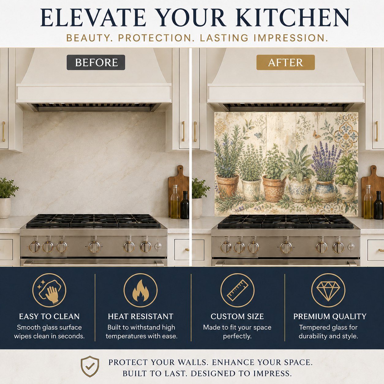 Charming garden themed pot flowers glass backsplash protecting the wall behind a kitchen sink and faucet.